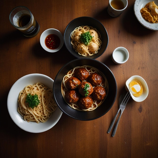 a table with a bowl of noodles noodles and meatballs