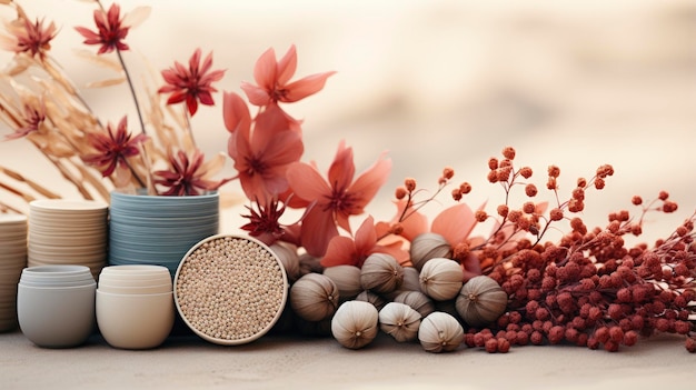 Photo a table with a bowl of nuts and a bowl of nuts.