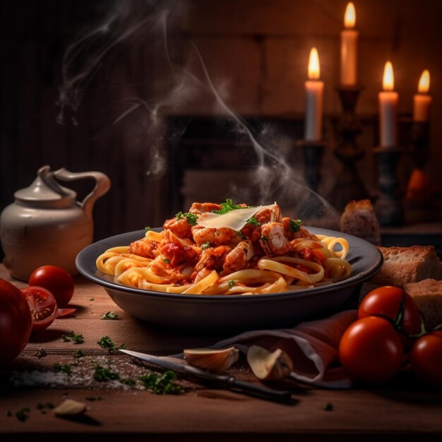 a table with a bowl of pasta and a pot of tomato sauce.