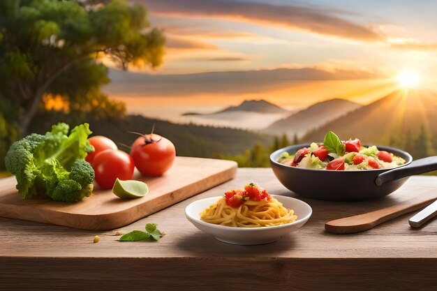 A table with a bowl of pasta and vegetables.