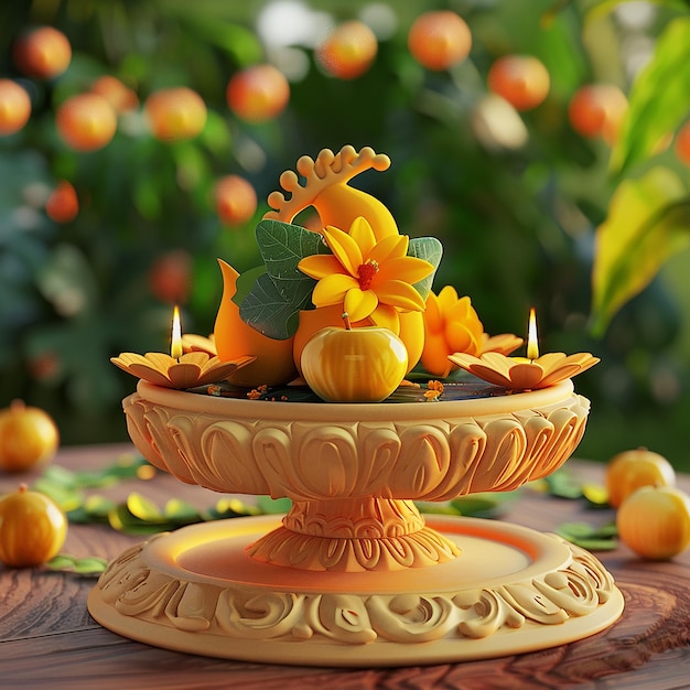 Photo a table with a bowl of pumpkins and flowers on it