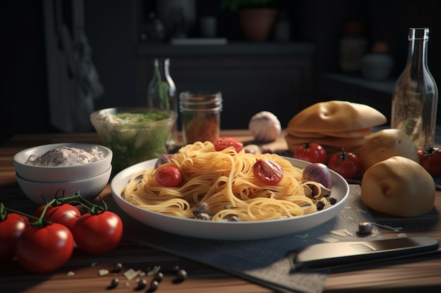 A table with a bowl of spaghetti and tomatoes on it.