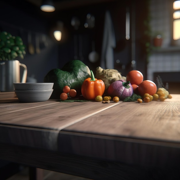 A table with a bowl of vegetables on it