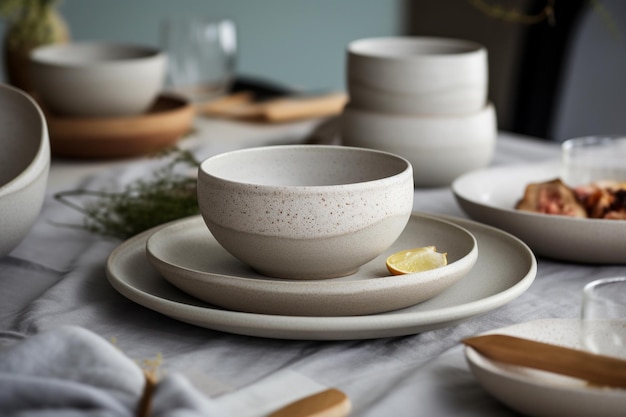 a table with bowls and bowls and bowls on it