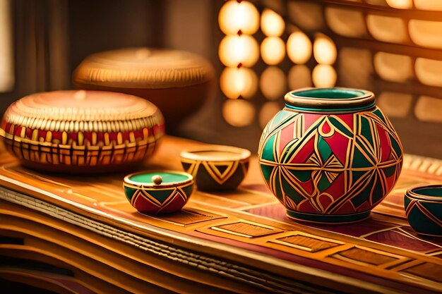 a table with bowls and bowls on it and one has a design on it.