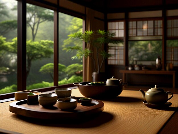 a table with bowls and bowls on it and a pot with a plant in the middle