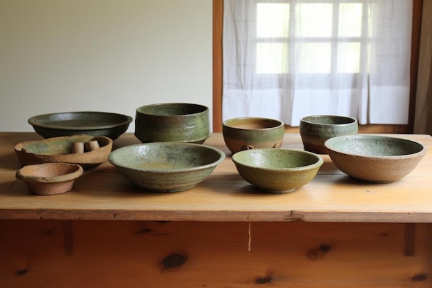 a table with bowls and bowls on it