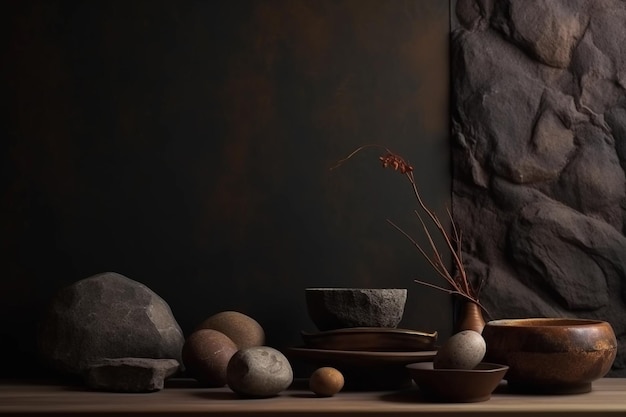 A table with bowls and bowls of rocks and a plant on it