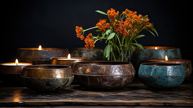 a table with bowls and candles and flowers