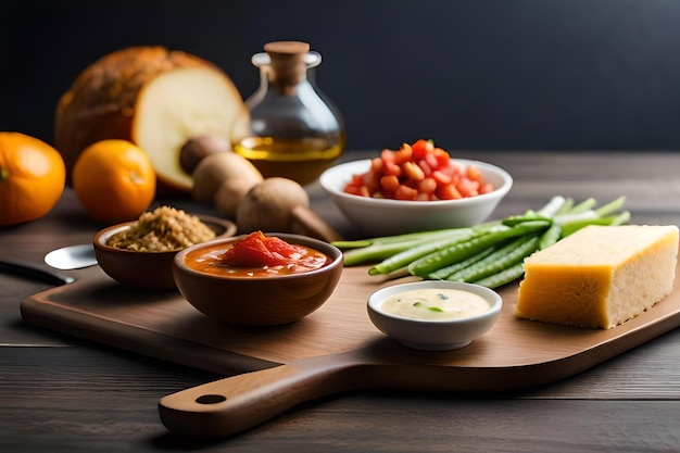 A table with bowls of food and a bottle of olive oil.