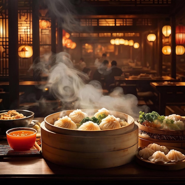 Photo a table with bowls of food and a bowl of noodles with sushi on it