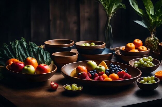 Photo a table with bowls of food and fruit on it