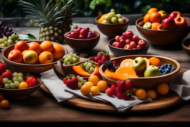 Photo a table with bowls of food and fruit on it