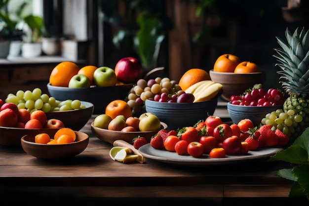 Foto un tavolo con ciotole di cibo e frutta