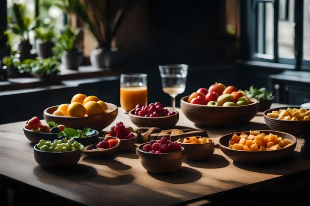 Foto un tavolo con ciotole di cibo e frutta