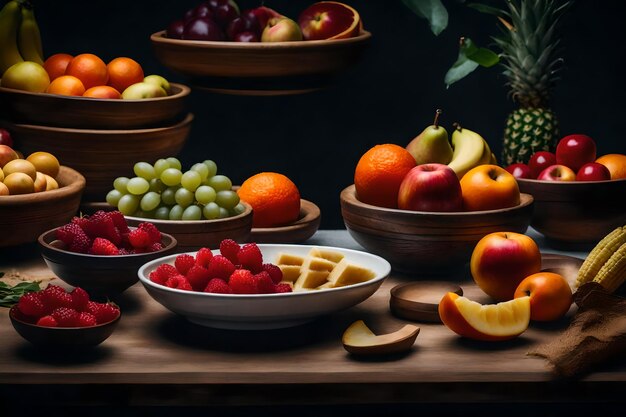 Foto un tavolo con ciotole di cibo e frutta