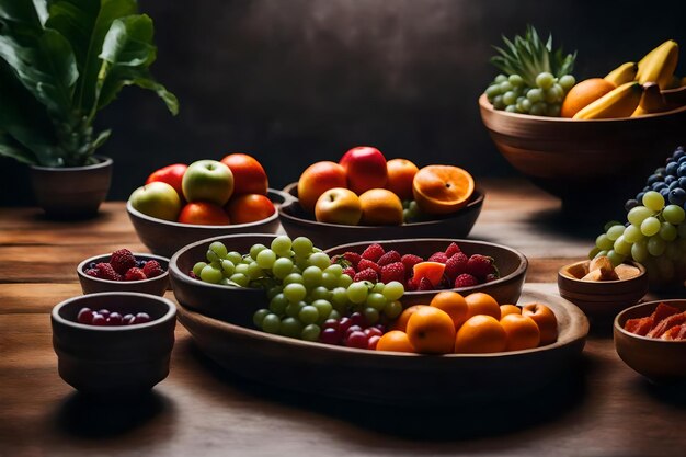 Photo a table with bowls of food and fruit on it