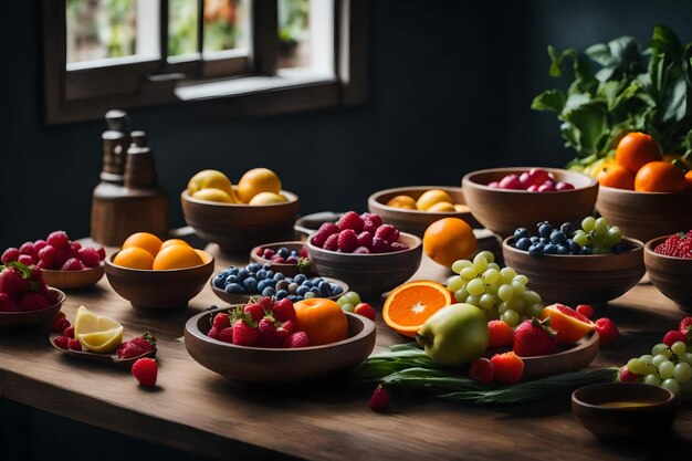 Foto un tavolo con ciotole di cibo e frutta