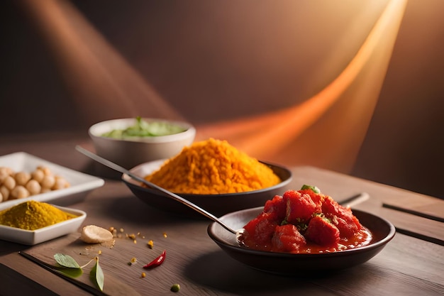 A table with bowls of food including a bowl of masala and a bowl of masala.