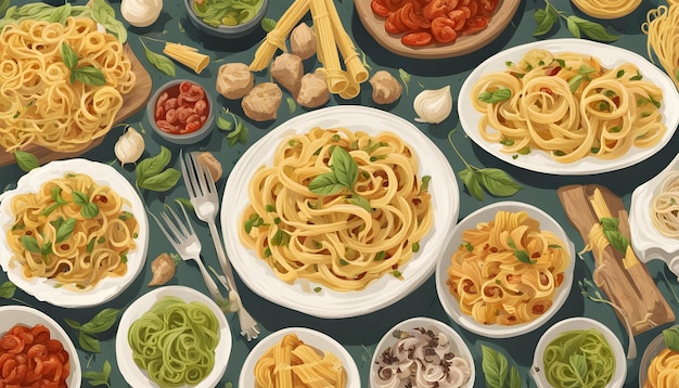 a table with bowls of food including noodles noodles and vegetables