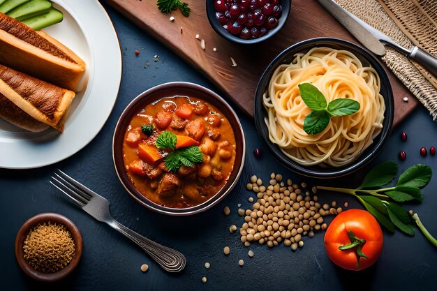 a table with bowls of food including pasta, beans, and vegetables.