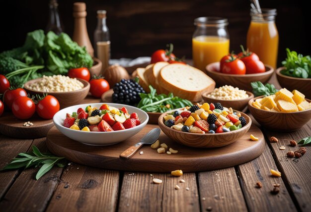 Foto un tavolo con ciotole di cibo tra cui pomodori, mais, mais e pomodori