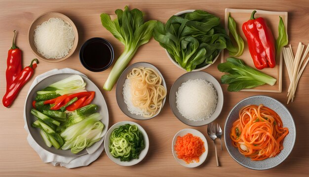 a table with bowls of food including vegetables and rice