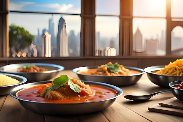 A table with bowls of food on it with a city in the background.