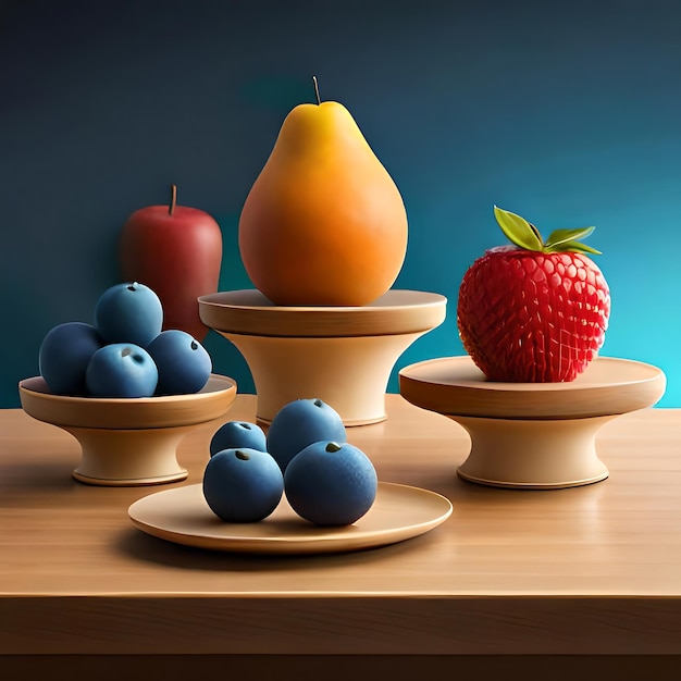 a table with bowls of fruit and a fruit on it