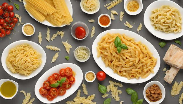 Photo a table with bowls of pasta pasta and tomato sauce