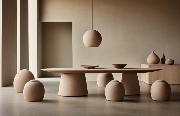 A table with bowls and round objects in a room