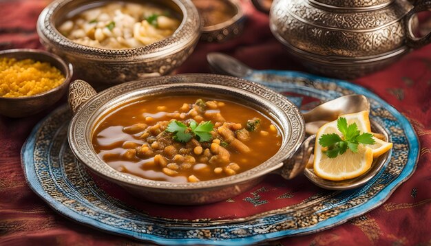 a table with bowls of soup and a plate of food on it