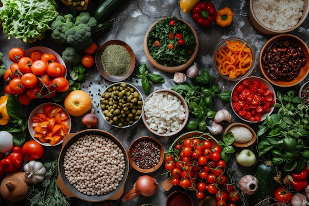 a table with bowls of vegetables including tomatoes onions and other vegetables