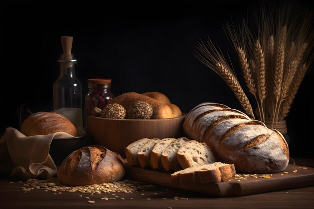パンと小麦の瓶が置かれたテーブル。