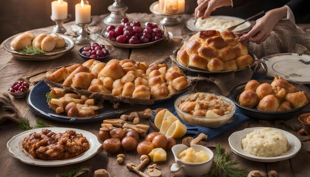 Photo a table with bread bread and pastries on it