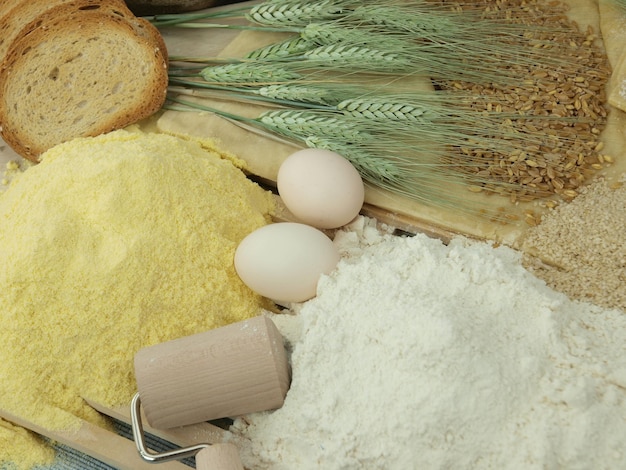 A table with bread and eggs on it