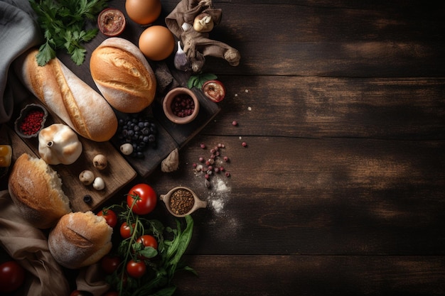 A table with bread eggs and other ingredients on it