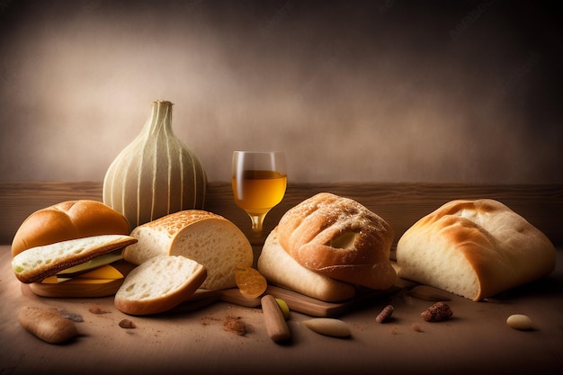 A table with bread and a glass of wine