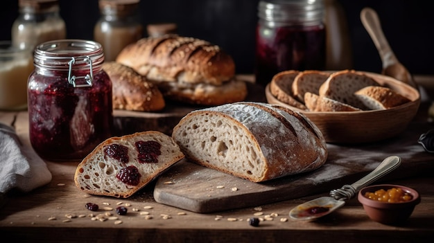 A table with bread and jams on it