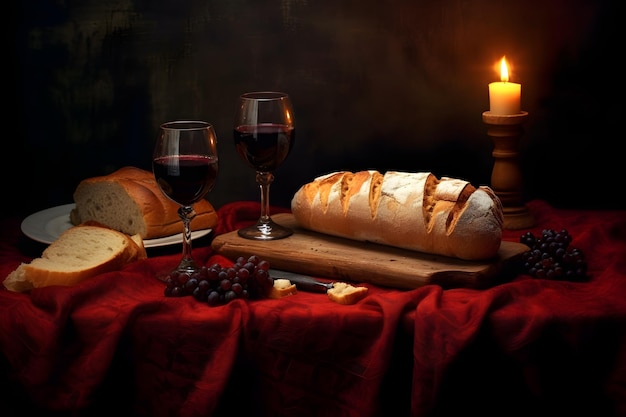 A table with bread and wine glasses and a candle