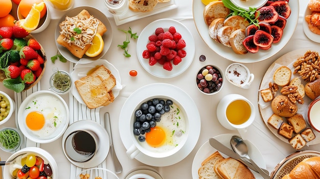 стол с завтраком, кофе и тарелкой еды