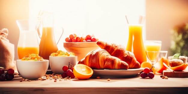 A table with a breakfast and a croissant and orange juice