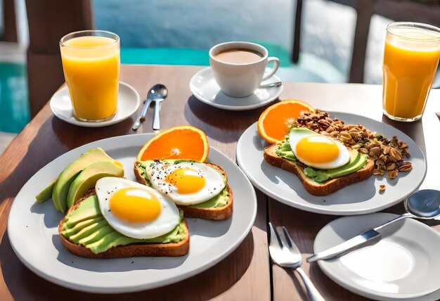 Foto un tavolo con cibo per la colazione e caffè su di esso