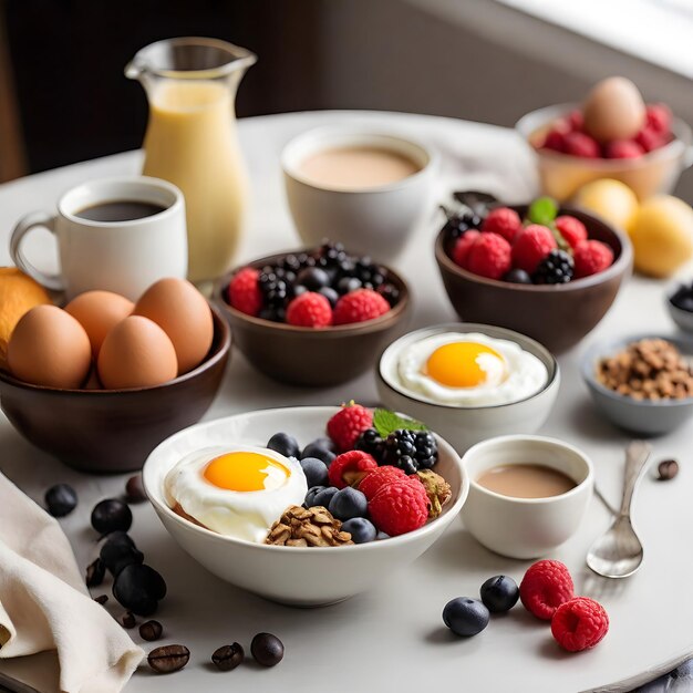 a table with breakfast foods including yogurt fruit coffee and milk