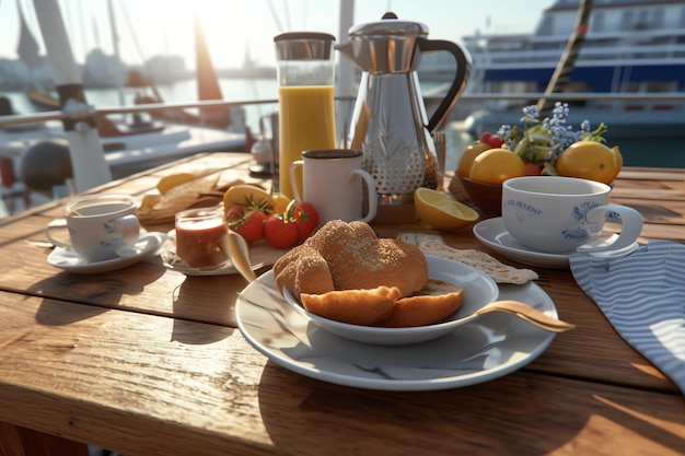 A table with a breakfast on it and a cup of coffee on it