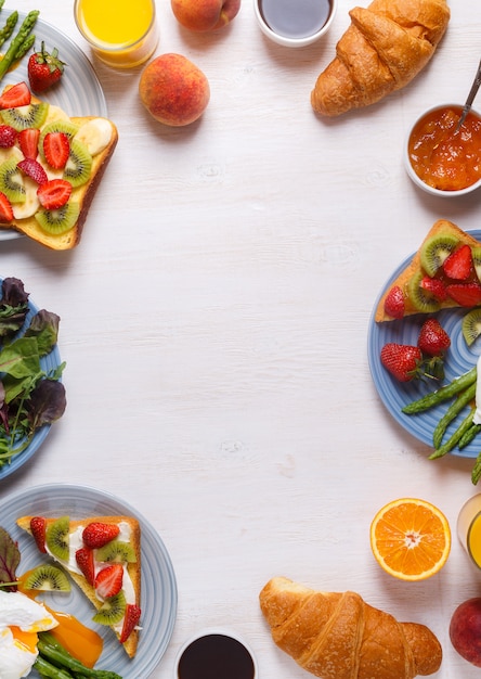 Table with breakfast, top view.