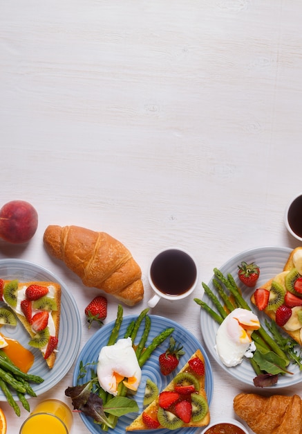 Table with breakfast, top view.