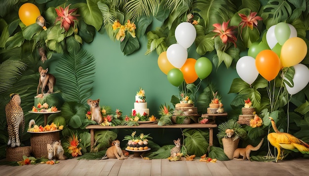 a table with a bunch of balloons and a cat on it