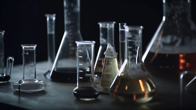 A table with a bunch of beakers and a glass bottle that says'the word lab '