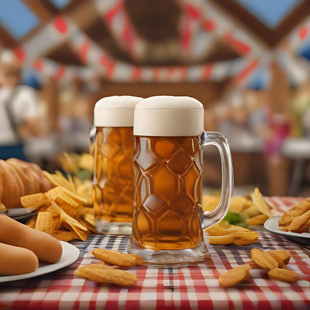 Foto un tavolo con un mucchio di birra e hot dog su di esso